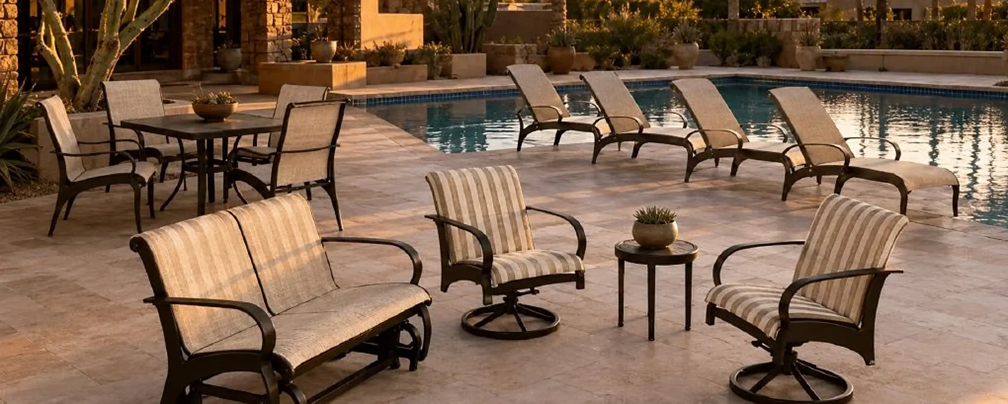 Calma sculptural sling furniture in a desert resort setting from the approved Cievaro catalog