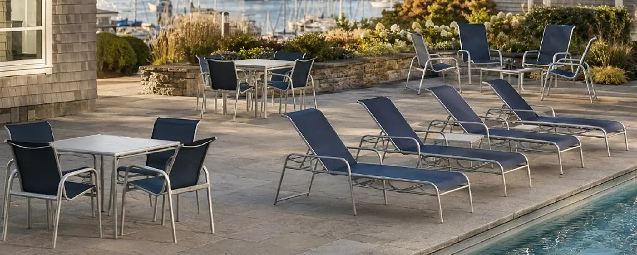 Maris sling furniture at a marina hotel in the approved Cievaro catalog