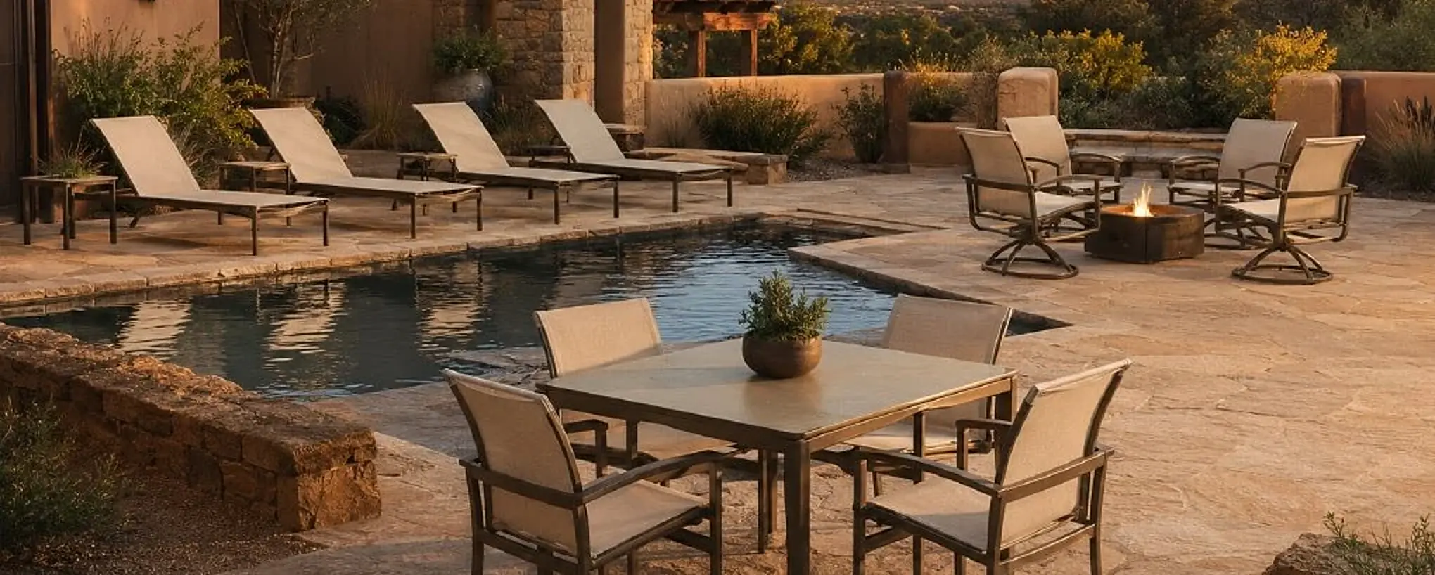 Orsa sling furniture in a spa courtyard from the approved Cievaro catalog