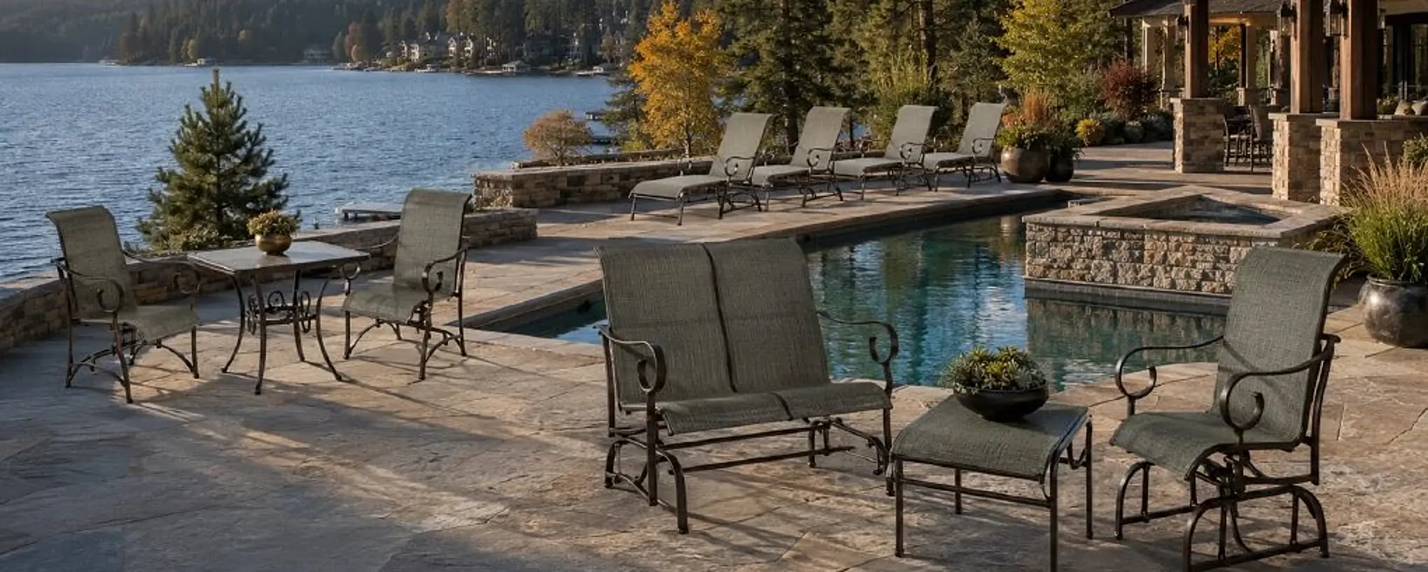 Terra sling furniture beside a lakeside retreat in the approved Cievaro catalog