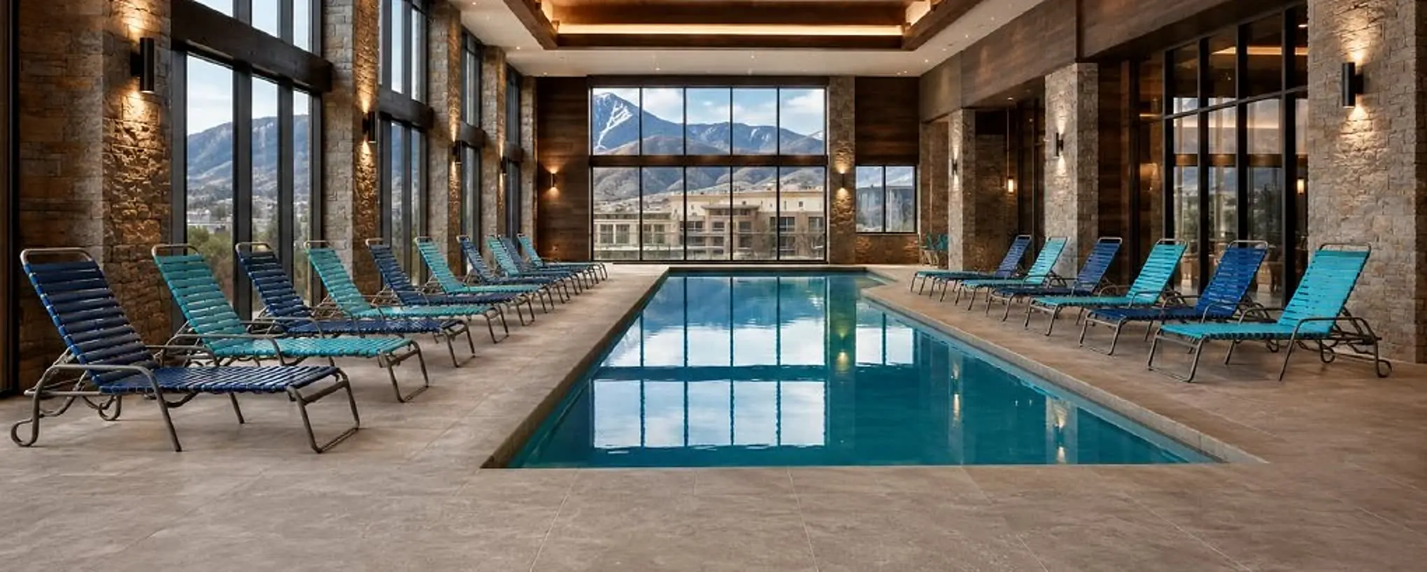 Vela strap chaise lounges beside an indoor hospitality pool in the approved Cievaro catalog