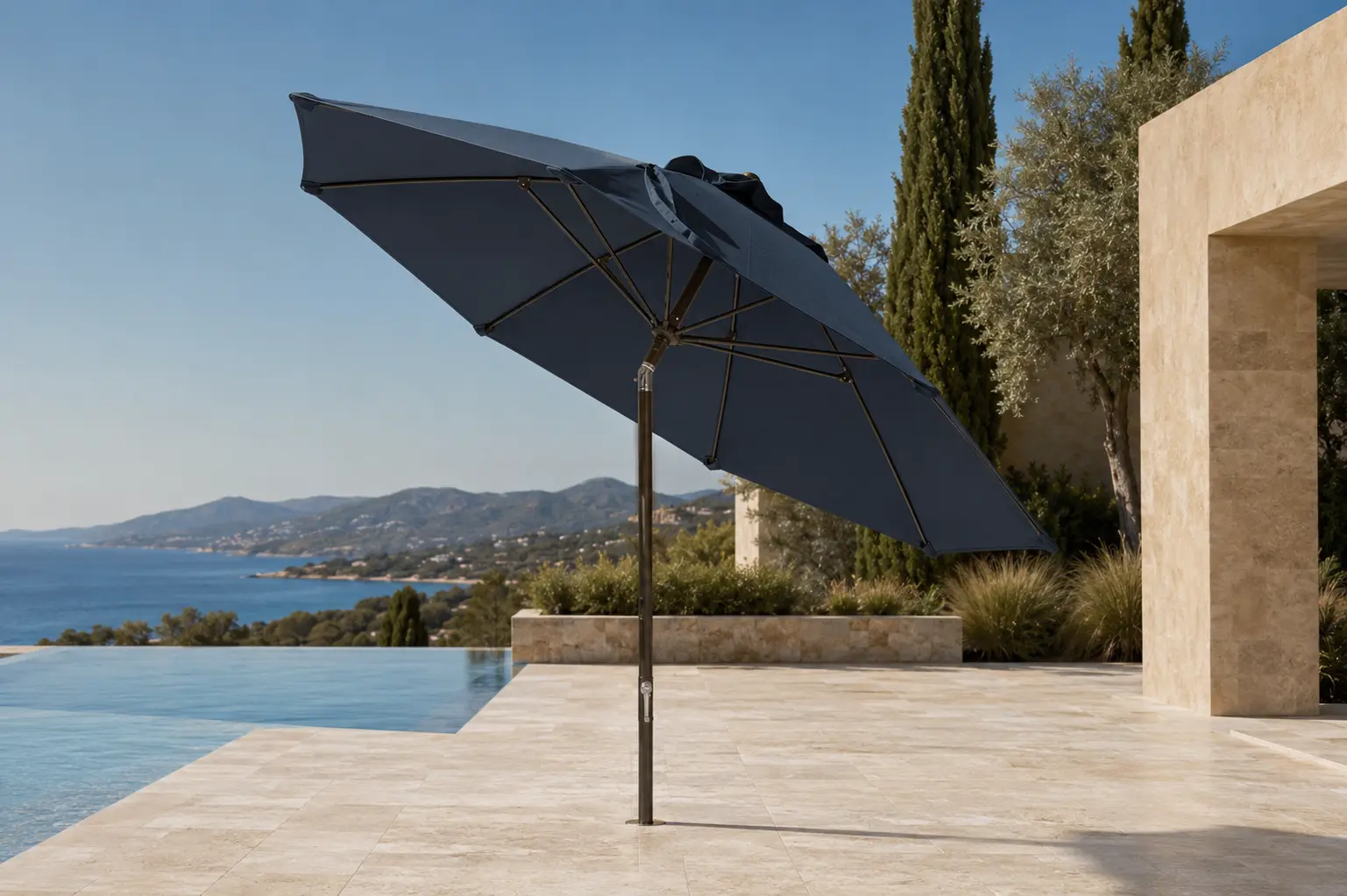Commercial market umbrella showing its complete canopy and pole