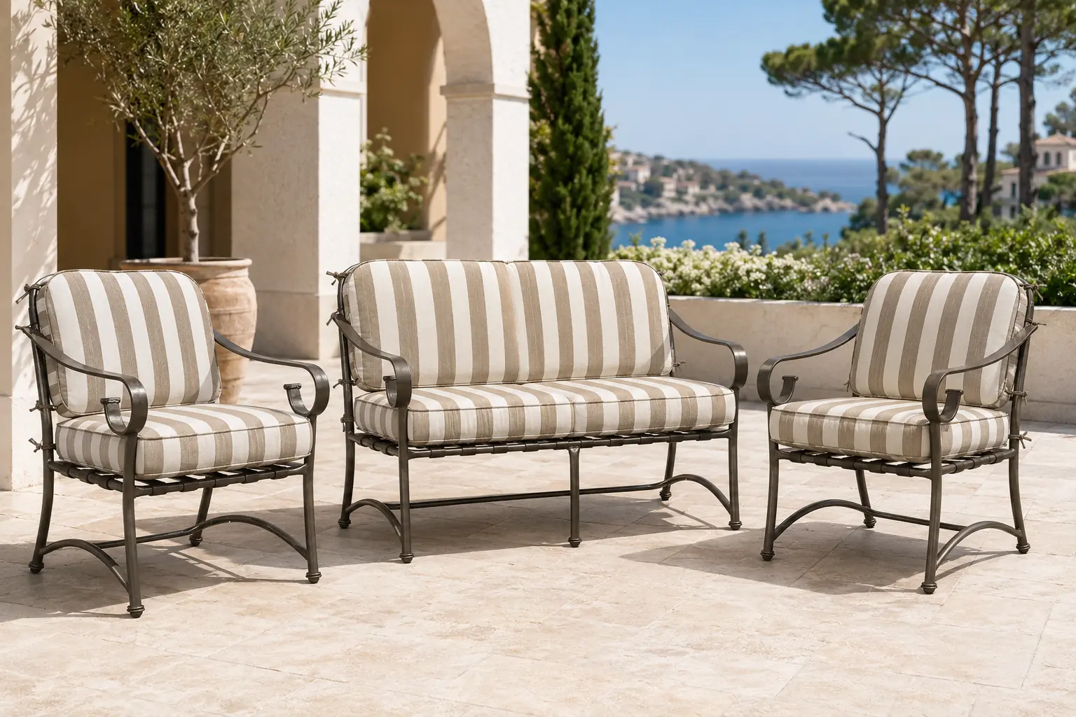 Serrava cushion loveseat and dining chairs in Coffee with Cabana Classic cushions on a Mediterranean hospitality terrace