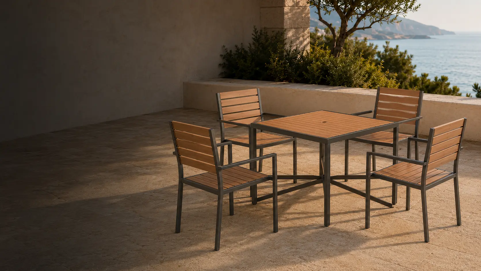 Silva faux-wood dining furniture in a Mediterranean outdoor setting