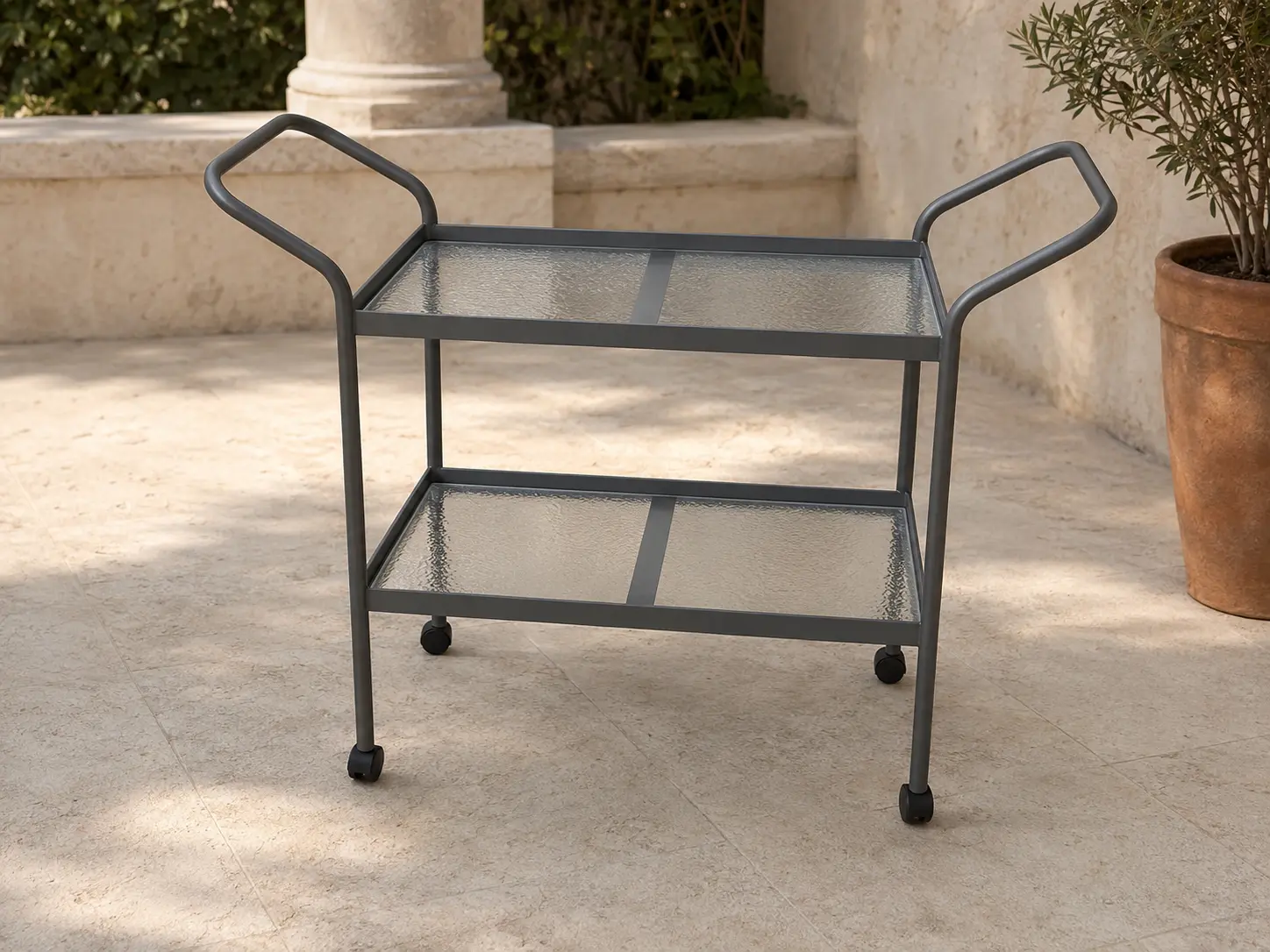 Tavola Pranzo Rolling Tea Cart shown in a refined outdoor setting