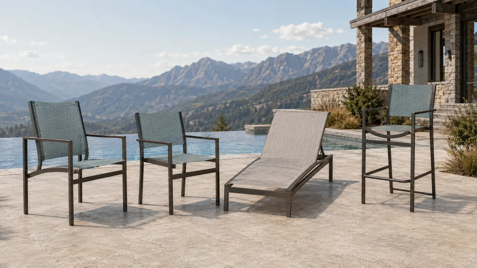 Vela dining, reclining, chaise, and bar-height seating on a luxury high-country hotel terrace